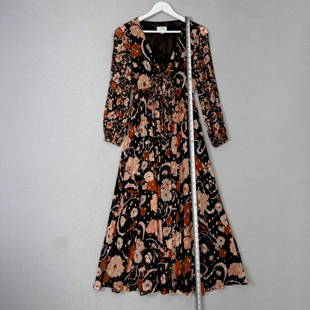 J.Crew Collection Tie-front Lurex Dress Womens XS Black Floral Metallic Sundress - Picture 13 of 16